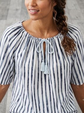 LOFT Striped Peasant Blouse Large Cotton Modal Blue White Tassel Keyhole Top L